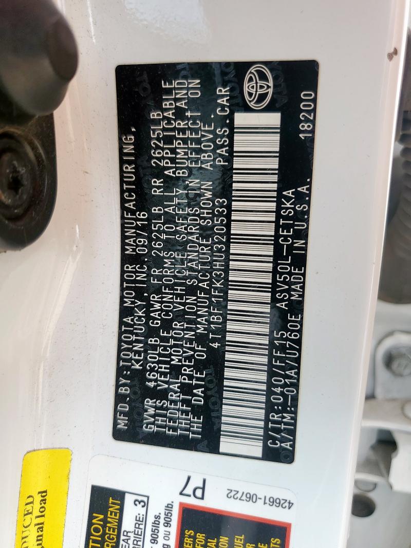 4T1BF1FK3HU320533 - 2017 TOYOTA CAMRY LE WHITE photo 12