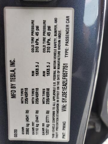5YJ3E1EA2LF657751 - 2020 TESLA MODEL 3 CHARCOAL photo 12