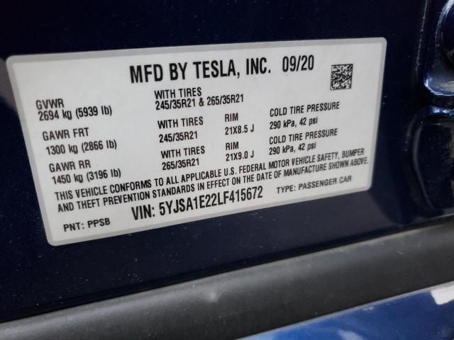 5YJSA1E22LF415672 - 2020 TESLA MODEL S Կապույտ լուսանկար 12