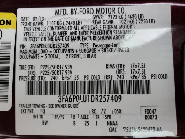 3FA6P0LU1DR257409 - 2013 FORD FUSION SE HYBRID BURGUNDY photo 12