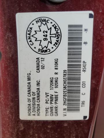 2HGFB2E58CH027839 - 2012 HONDA CIVIC LX Bordeaux Foto 12