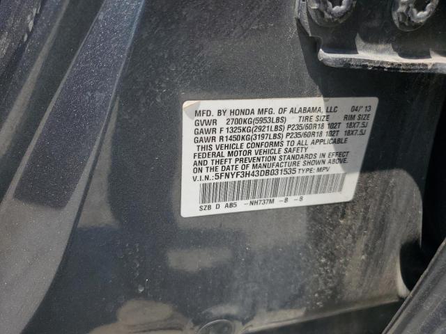 5FNYF3H43DB031535 - 2013 HONDA PILOT EX GRAY photo 12