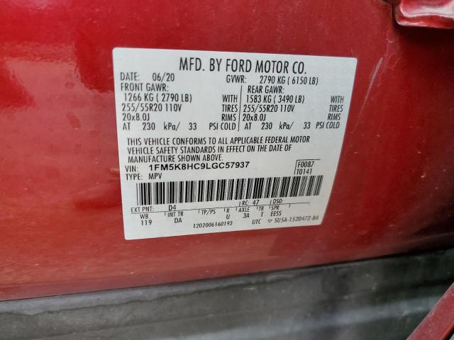 1FM5K8HC9LGC57937 - 2020 FORD EXPLORER PLATINUM RED photo 12