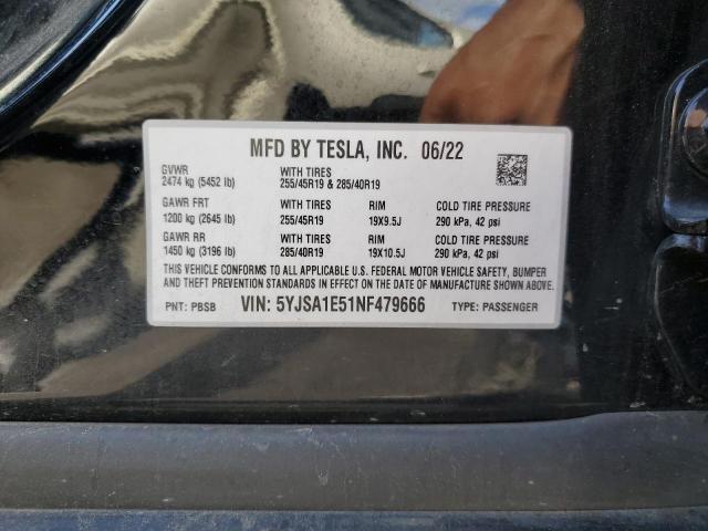 5YJSA1E51NF479666 - 2022 TESLA MODEL S შავი ფოტო 13