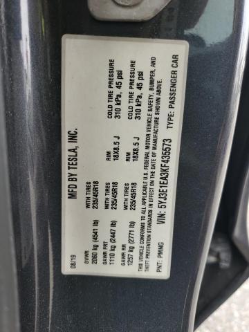 5YJ3E1EA3KF435573 - 2019 TESLA MODEL 3 Gris photo 12