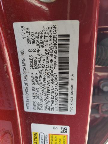 1HGCV2F5XKA000647 - 2019 HONDA ACCORD EXL RED photo 13