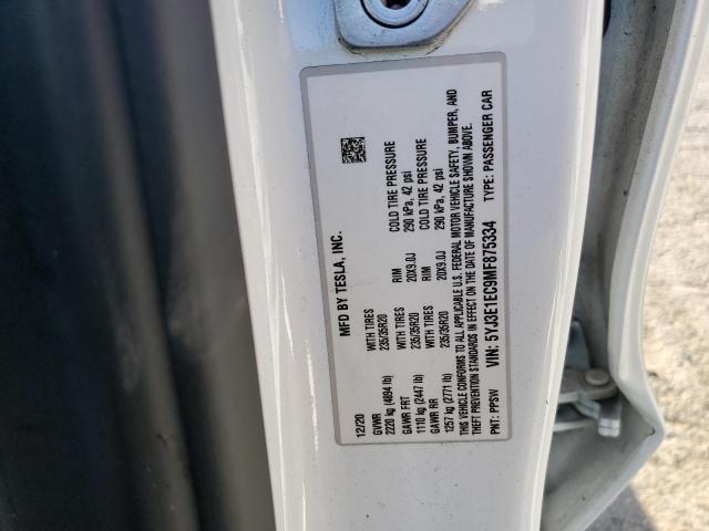 5YJ3E1EC9MF875334 - 2021 TESLA MODEL 3 WHITE photo 13