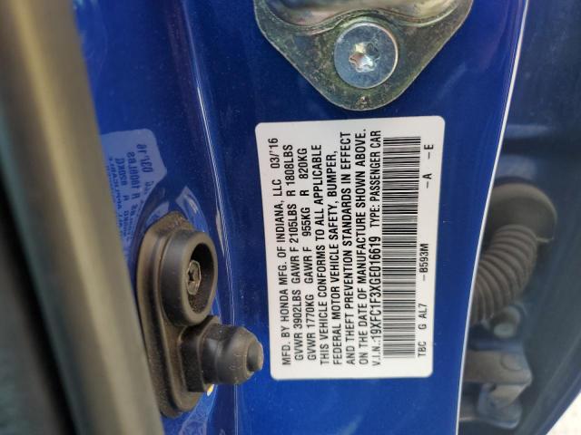 19XFC1F3XGE016619 - 2016 HONDA CIVIC EX BLUE photo 12