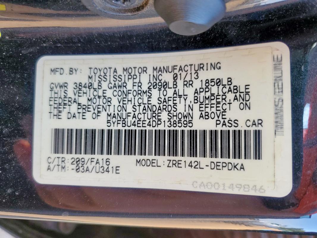 5YFBU4EE4DP138595 - 2013 TOYOTA COROLLA BASE Սև լուսանկար 13