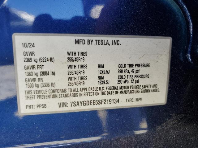 7SAYGDEE5SF219134 - 2025 TESLA MODEL Y ლურჯი ფოტო 12