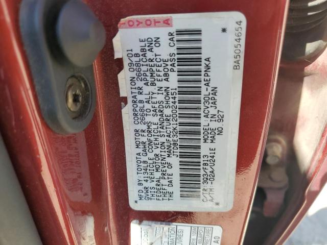 JTDBE32K120024451 - 2002 TOYOTA CAMRY LE MAROON photo 12