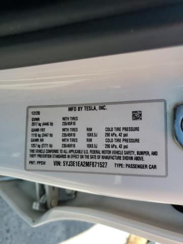 5YJ3E1EA2MF871527 - 2021 TESLA MODEL 3 Weiß Foto 13