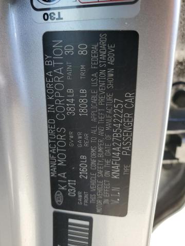 KNAFU4A27B5422257 - 2011 KIA FORTE EX SILVER photo 12