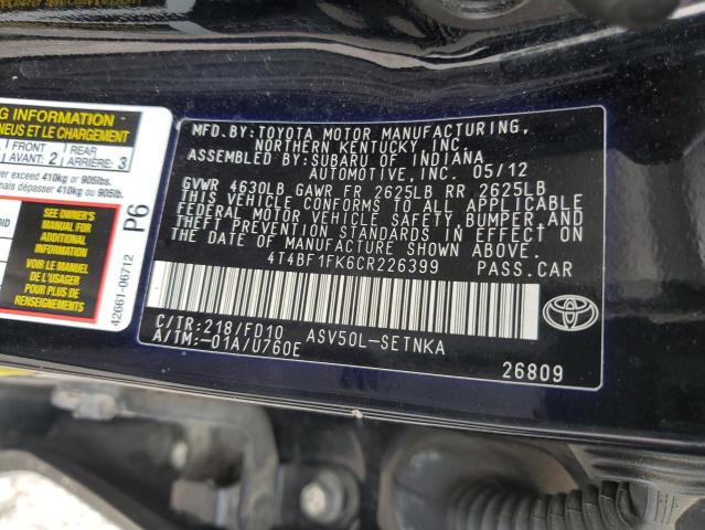 4T4BF1FK6CR226399 - 2012 TOYOTA CAMRY BASE BLACK photo 13