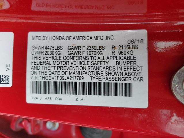 1HGCV1F39JA217789 - 2018 HONDA ACCORD SPORT RED photo 12