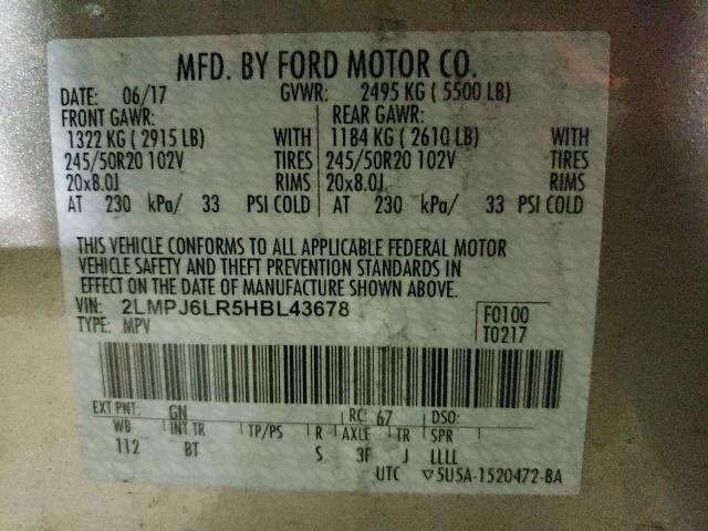 2LMPJ6LR5HBL43678 - 2017 LINCOLN MKX RESERVE Բեժ լուսանկար 10