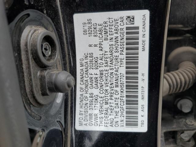 2HGFC2F81KH587707 - 2019 HONDA CIVIC SPORT შავი ფოტო 12