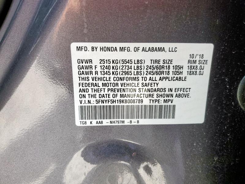 5FNYF5H19KB008789 - 2019 HONDA PILOT LX ვერცხლისფერი ფოტო 14