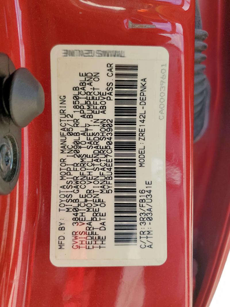 5YFBU4EE7CP043902 - 2012 TOYOTA COROLLA BASE Kırmızı fotoğraf 12