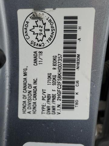 2HGFC2F58KH007357 - 2019 HONDA CIVIC LX SILVER photo 13