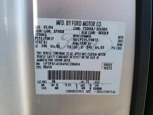 1FTPX145X4NC28604 - 2004 FORD F-150 SILVER photo 12