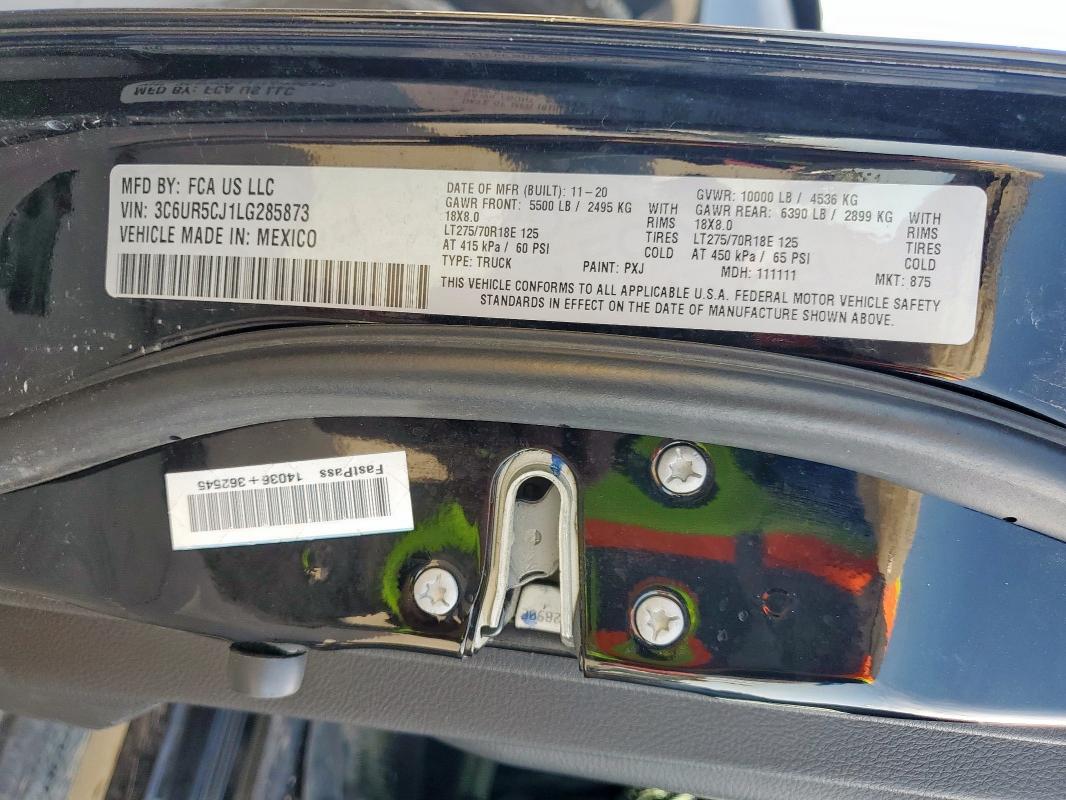 3C6UR5CJ1LG285873 - 2020 RAM 2500 TRADESMAN 黑色 照片 12