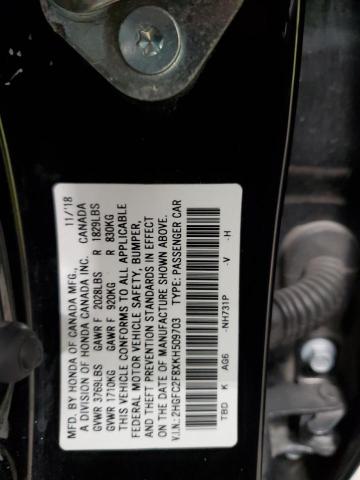 2HGFC2F8XKH509703 - 2019 HONDA CIVIC SPORT Siyah fotoğraf 12