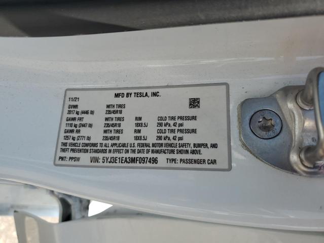 5YJ3E1EA3MF097496 - 2021 TESLA MODEL 3 WHITE photo 12