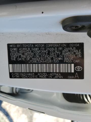 JTDBE32K640281320 - 2004 TOYOTA CAMRY LE Ağ foto 12