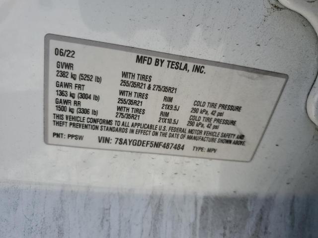 7SAYGDEF5NF487484 - 2022 TESLA MODEL Y WHITE photo 13