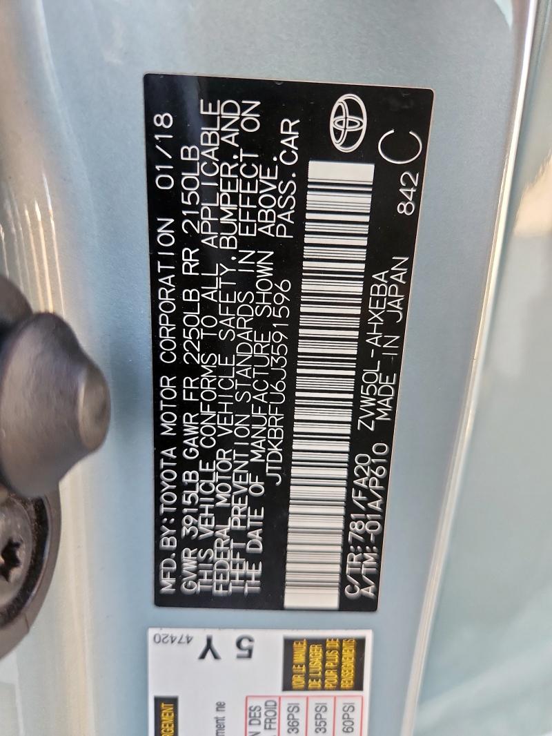 JTDKBRFU6J3591596 - 2018 TOYOTA PRIUS TURQUOISE photo 12