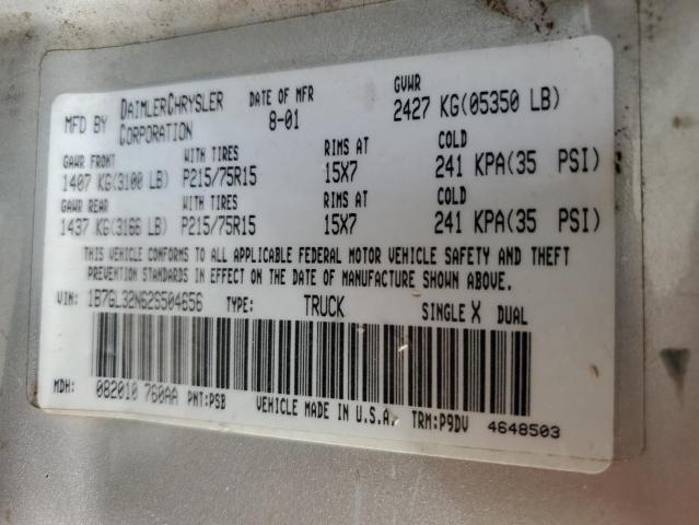 1B7GL32N62S504656 - 2002 DODGE DAKOTA SPORT SILVER photo 12