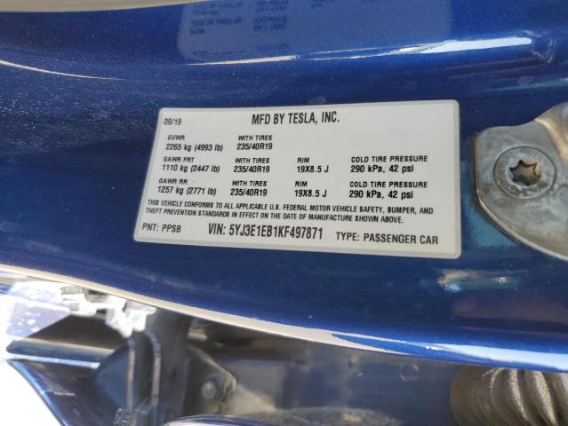 5YJ3E1EB1KF497871 - 2019 TESLA MODEL 3 Mavi fotoğraf 12
