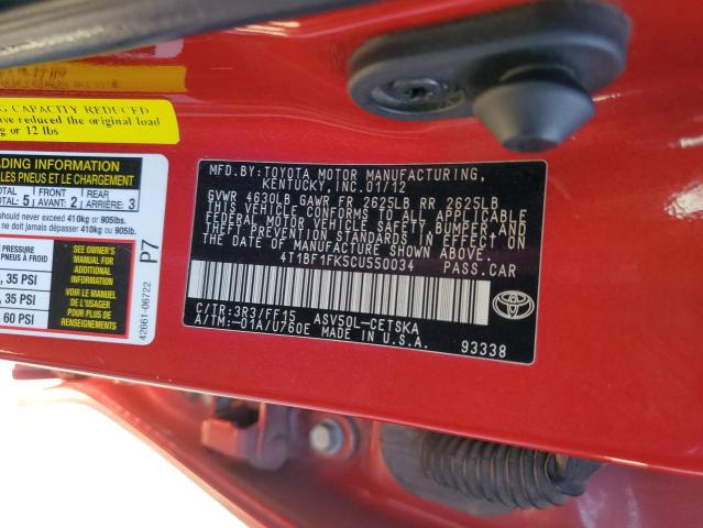 4T1BF1FK5CU550034 - 2012 TOYOTA CAMRY BASE Қызыл фото 13
