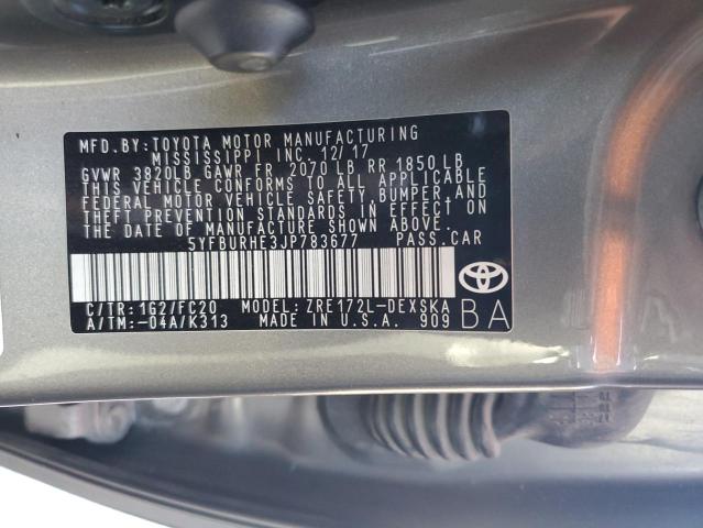 5YFBURHE3JP783677 - 2018 TOYOTA COROLLA L GRAY photo 13