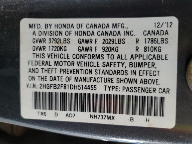 2HGFB2F81DH514455 - 2013 HONDA CIVIC EX CHARCOAL photo 12