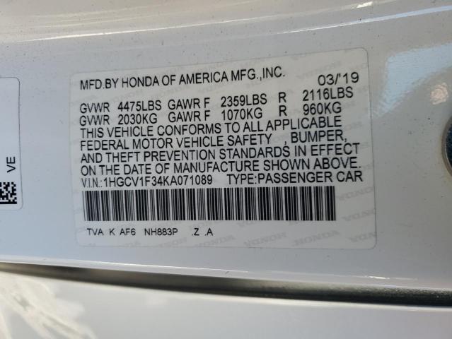 1HGCV1F34KA071089 - 2019 HONDA ACCORD SPORT Ağ foto 12