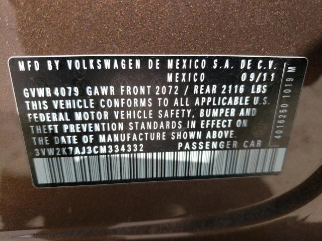3VW2K7AJ3CM334332 - 2012 VOLKSWAGEN JETTA BASE 棕色 照片 12