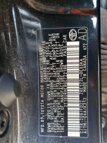 2T1BURHE8GC722186 - 2016 TOYOTA COROLLA L CHARCOAL photo 12