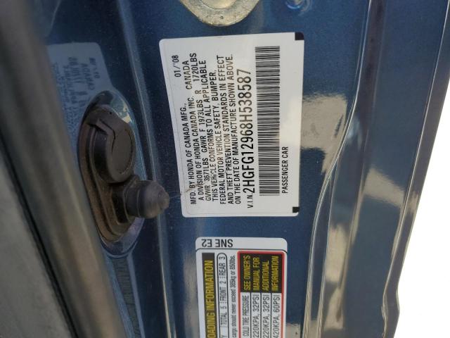 2HGFG12968H538587 - 2008 HONDA CIVIC EXL ლურჯი ფოტო 12