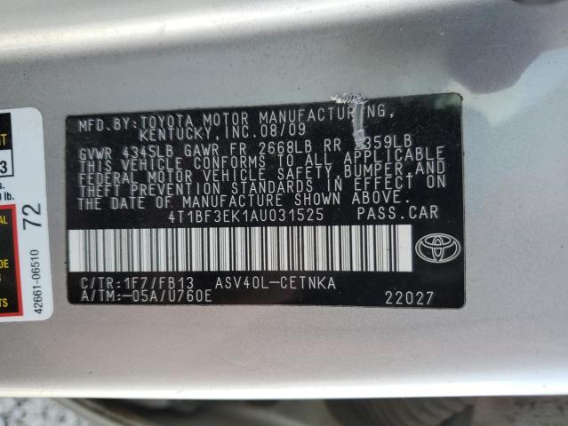 4T1BF3EK1AU031525 - 2010 TOYOTA CAMRY BASE SILVER photo 12