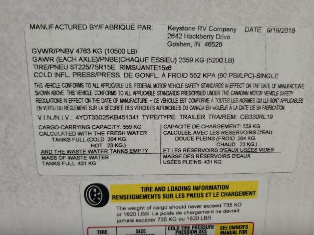 4YDT33025KB451341 - 2019 KEYSTONE OUTBACK TWO TONE photo 10