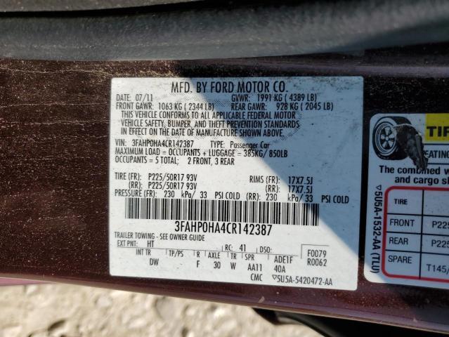 3FAHP0HA4CR142387 - 2012 FORD FUSION SE BURGUNDY photo 13