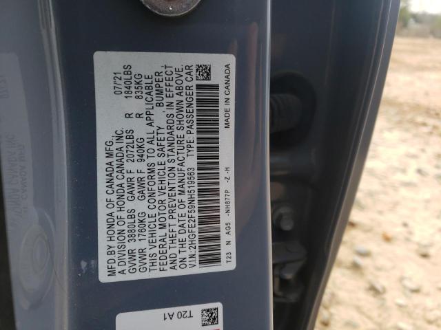 2HGFE2F59NH519563 - 2022 HONDA CIVIC SPORT 灰色 照片 10