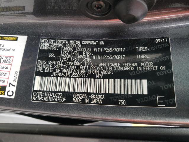 JTEBU5JR1J5502717 - 2018 TOYOTA 4RUNNER SR5/SR5 PREMIUM BLACK photo 13