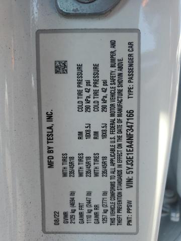 5YJ3E1EA4NF347166 - 2022 TESLA MODEL 3 Ağ foto 12