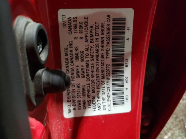 2HGFC2F77HH520772 - 2017 HONDA CIVIC EX RED photo 13