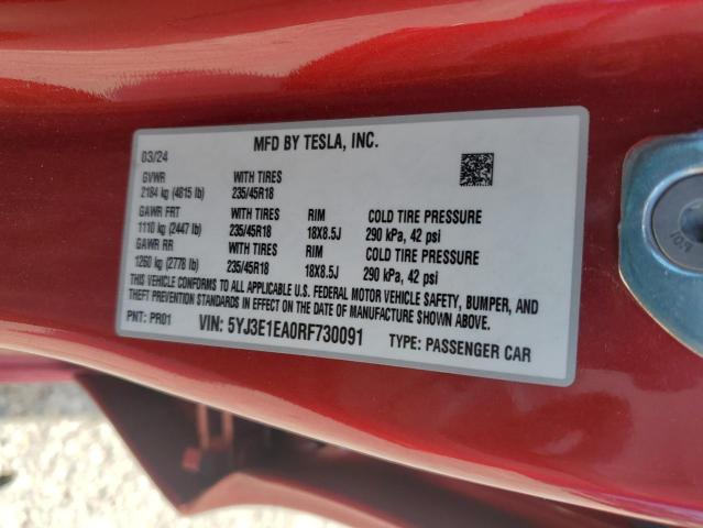 5YJ3E1EA0RF730091 - 2024 TESLA MODEL 3 Qırmızı foto 12