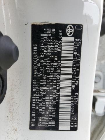 5YFEPMAE0MP180384 - 2021 TOYOTA COROLLA LE WHITE photo 12