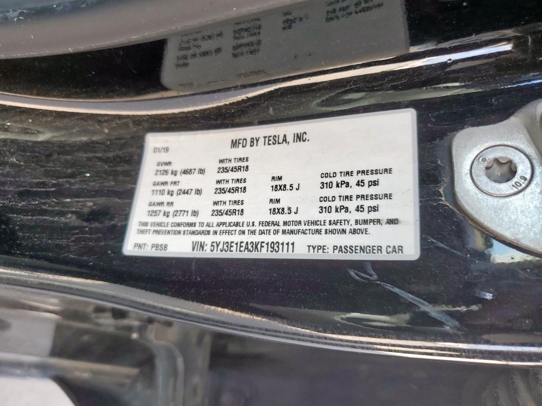 5YJ3E1EA3KF193111 - 2019 TESLA MODEL 3 Қара фото 12